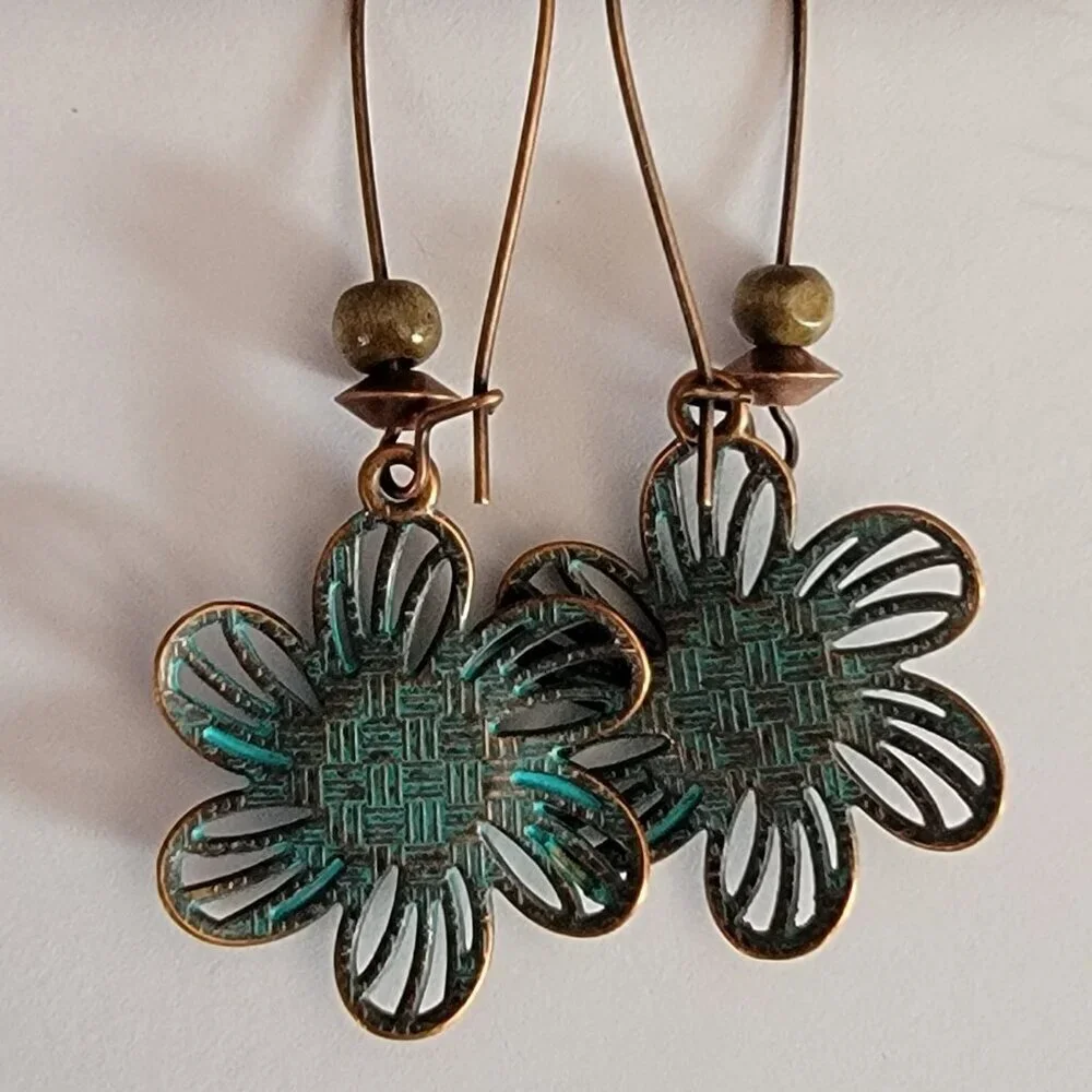 Southwestern turquoise Beaded Earrings with Brass Loops in Floral Pattern - NWOT